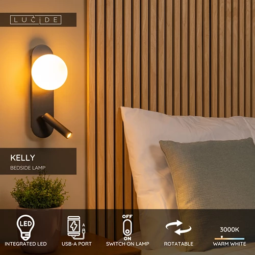 Lucide KELLY - Bedside lamp / Wall light - LED - 1x3,5W 3000K - Black - USP
